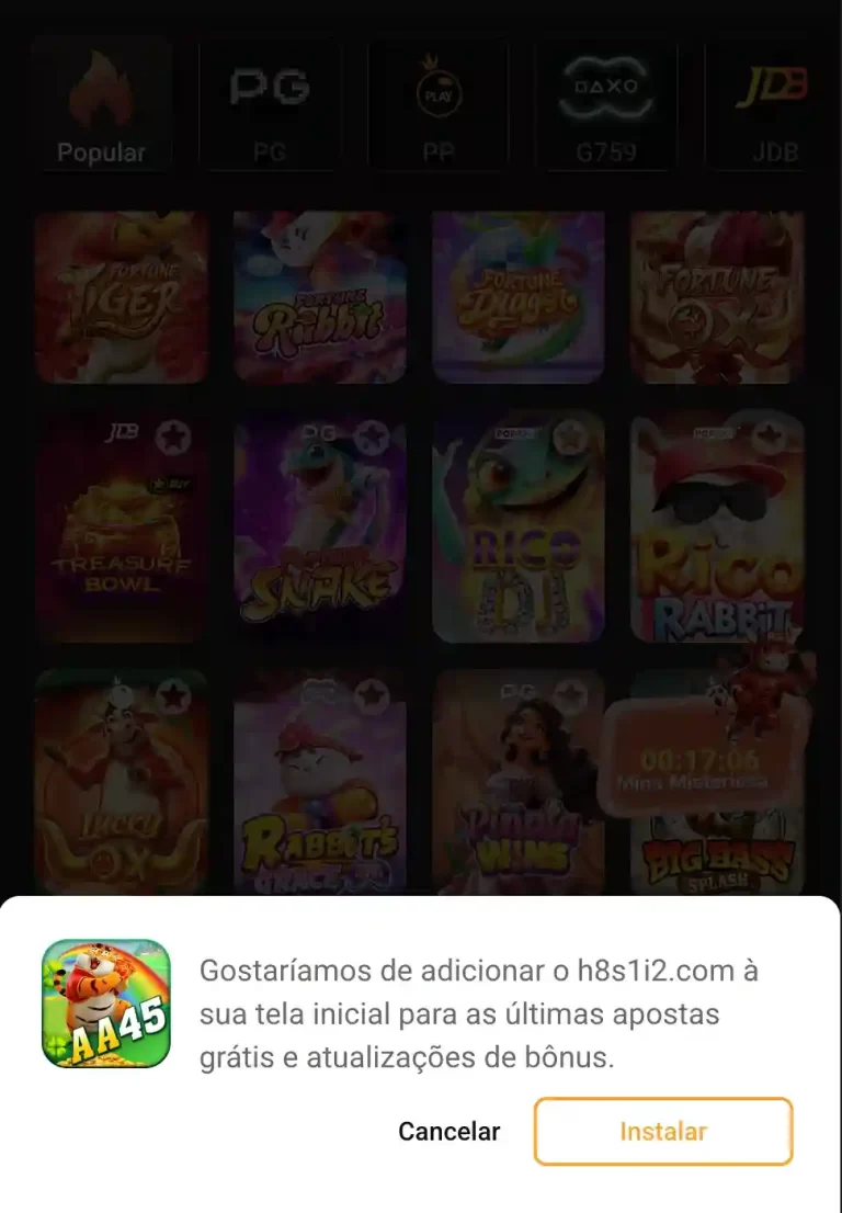 Interface do aplicativo AA45 cassino em celular